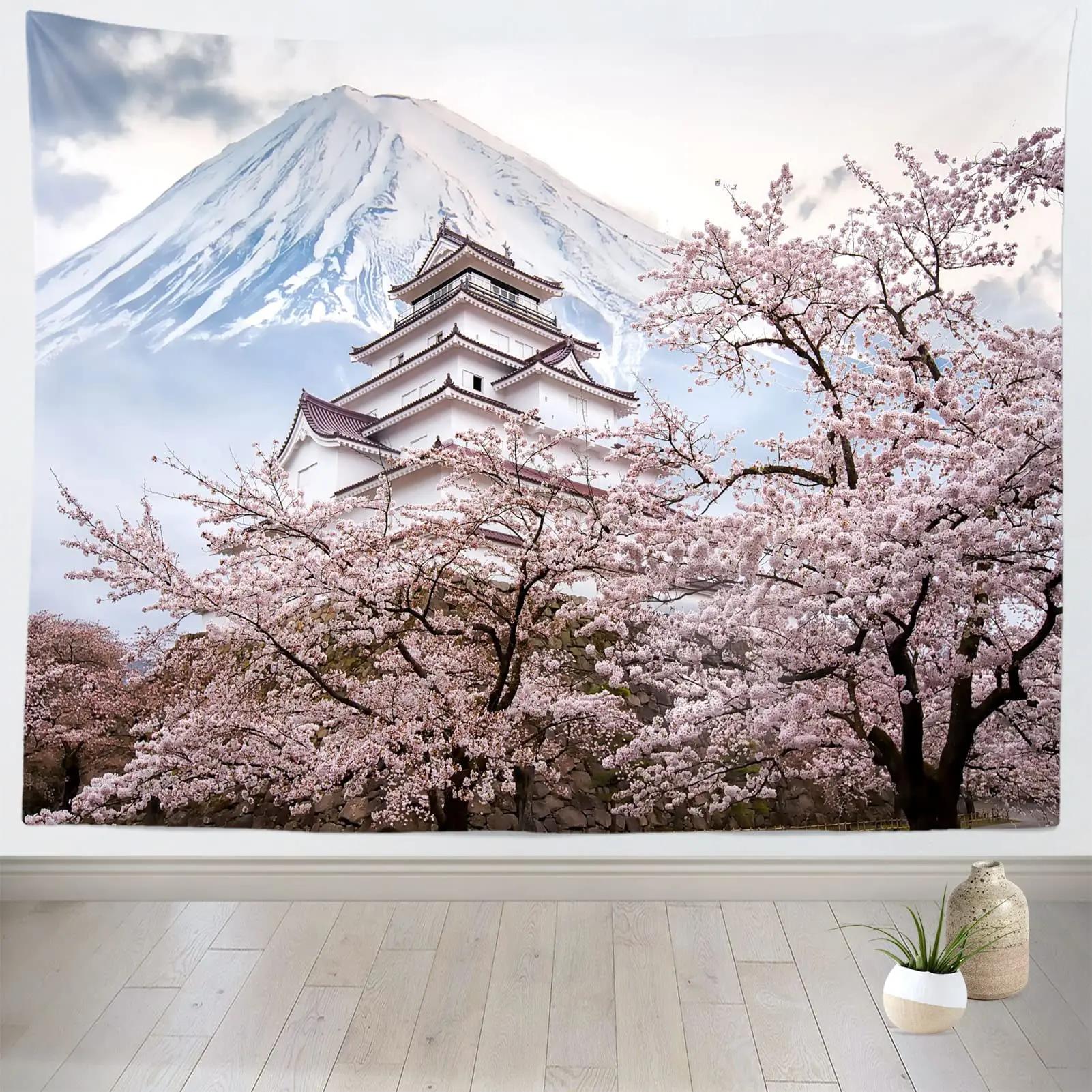 Sakura Tapestry Pink Japanese Cherry Blossoms Tapestries Spring Sunset Landscape Tapestry Wall Hanging for Bedroom Decoration 74x94cm(29x37in)