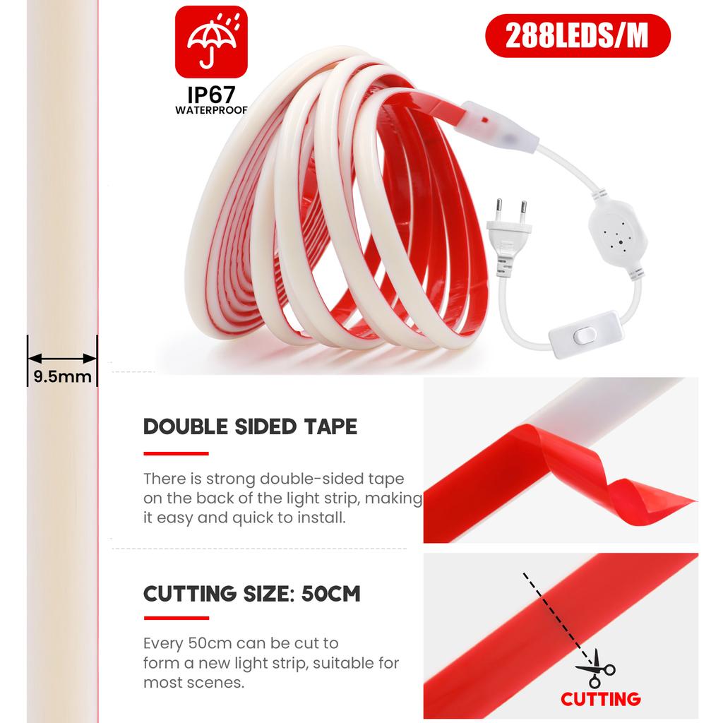 AC 220V COB Strip IP67 Waterproof White 3000K 4000K 6000K 50CM Cuttable Flexible Ribbon LED Neon Light For Home Garden Decor