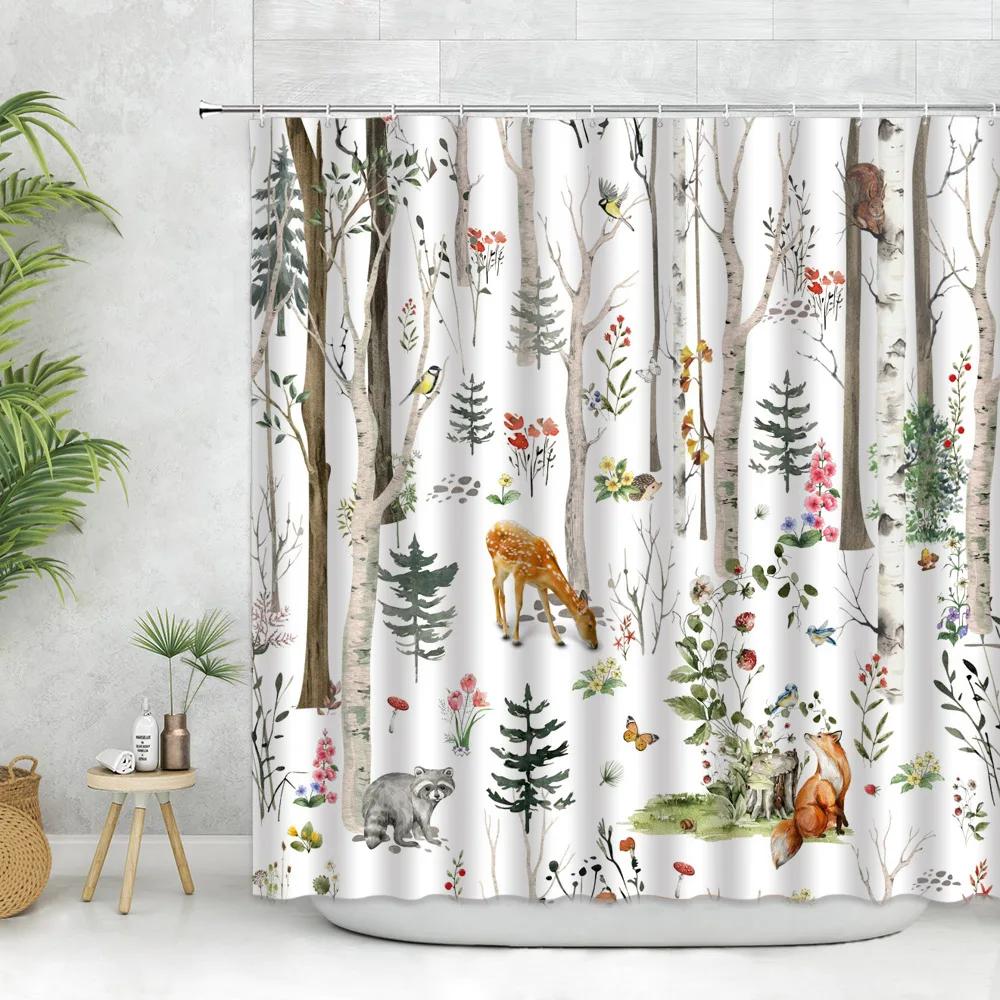 Forest Animals Shower Curtains Reindeer Fox Squirrel Elk Bear Wildlife Plants Farm Bird Painting Home Bathroom Decor With Hooks