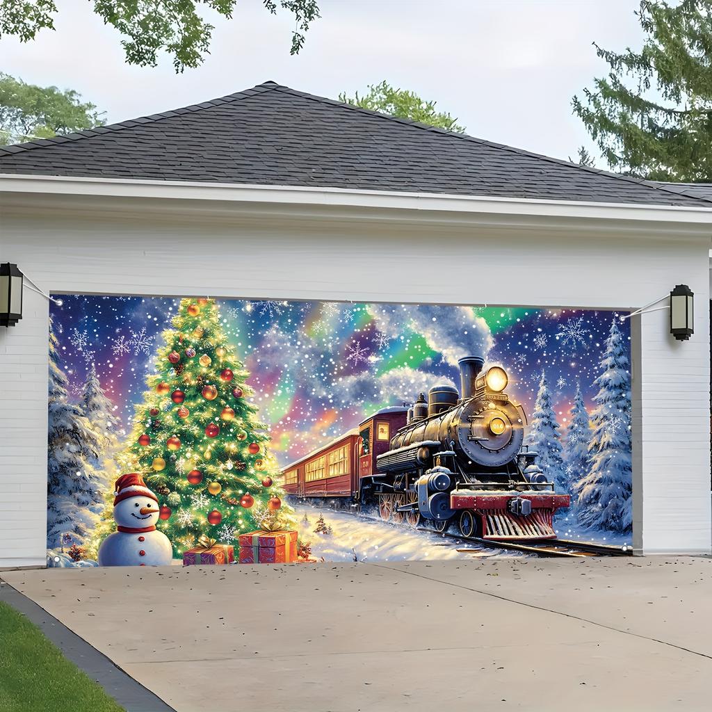 2D flat banner 1PC Christmas winter scene garage door curtain, festive snowman, pine tree and train design, home, yard,