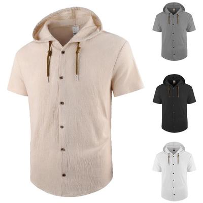 Men's Cotton Linen Shirt Hooded Stylish Top Breathable Lightweight Simple Style Claasic Shirts Single Breasted Male Fashion Tees