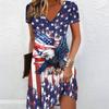 Summer Fashion Women's V Neck Short Sleeve American Theme Printed  Dress Sex Short Skirt Dresses