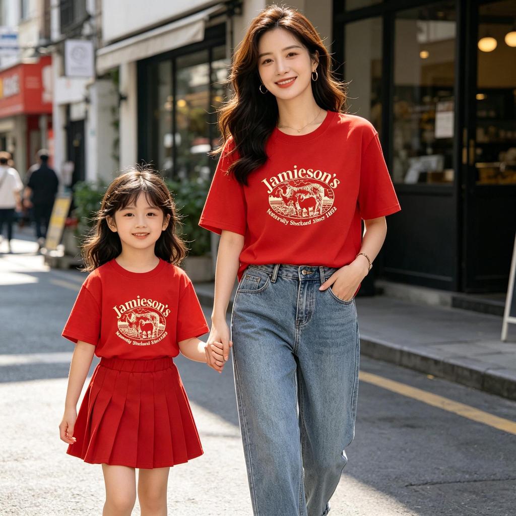 100% Baumwolle Lamm-Print Mutter-Tochter Partnerlook Kurzarm T-Shirt - Rundhals, Lässiges Oberteil