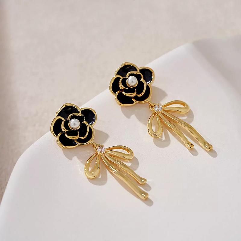 Elegant Black Camellia Flower Bow Pendant Stud Earrings For Women Jewelry Accessories Gifts