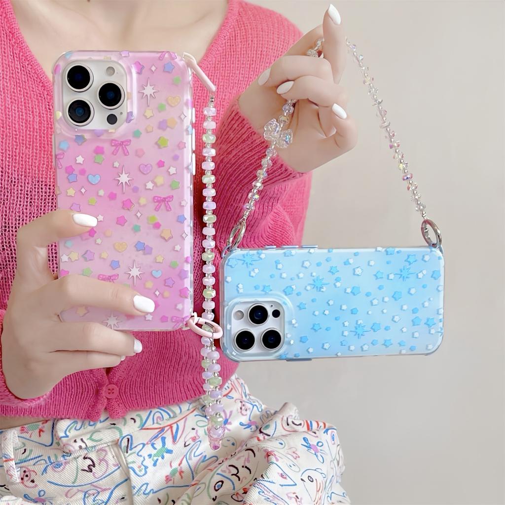 For iPhone 16 Pro Case IMD Star Design TPU Phone Cover with Beaded Strap