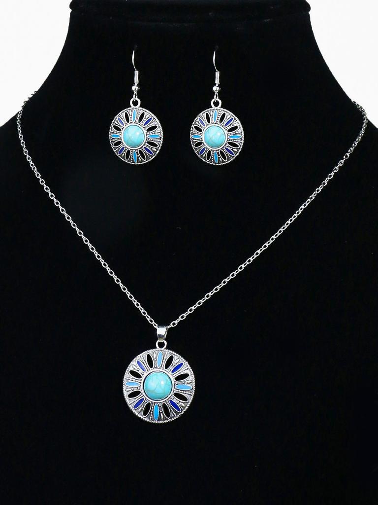 Bohemian Zircon Set Simple Turquoise Earrings Silver Geometric Set Turquoise Pendant Necklace