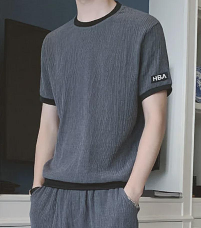 Men's Summer Ice Silk Two-Piece Casual Suit - Short-Sleeved Top & Loose Cropped Pants