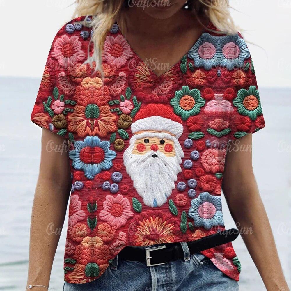 Tricou nou de Crăciun pentru femei 3D Moș Crăciun imprimeu tricouri cu mânecă scurtă cu decolteu în V, îmbrăcăminte de stradă supradimensionată, pulover Harajuku pentru femei