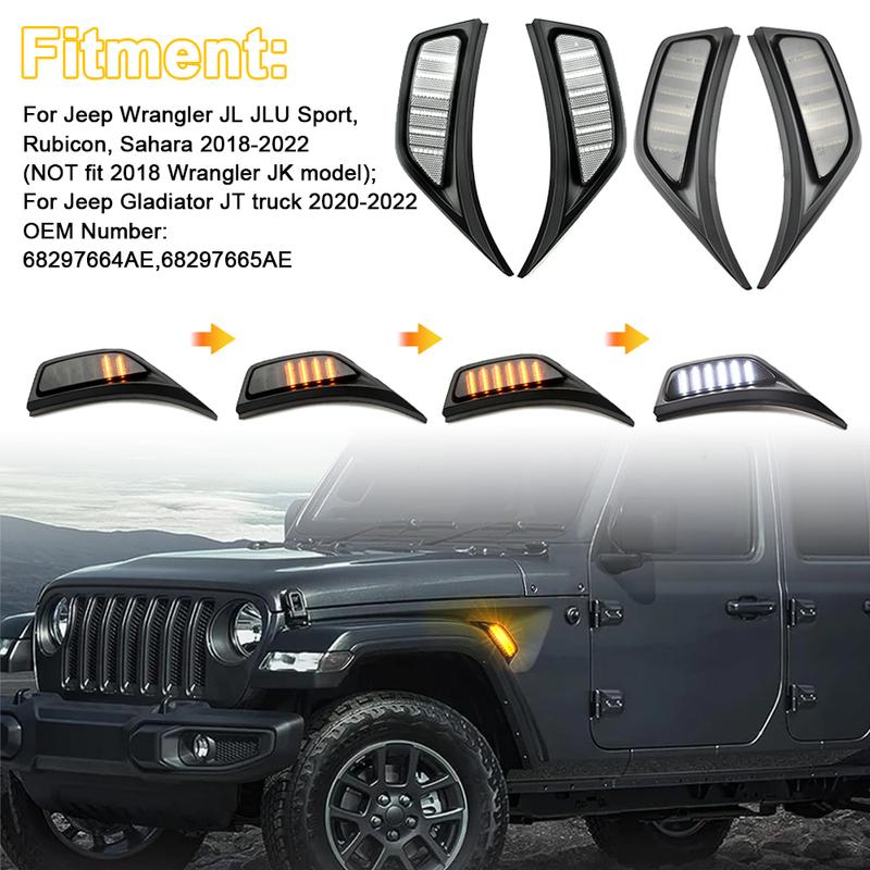 For Jeep Gladiator JT Wrangler JL Rubicon Sahara 2x Smoked Front Fender LED Repeat Side Marker Lights DRL Daytime Running Lamp