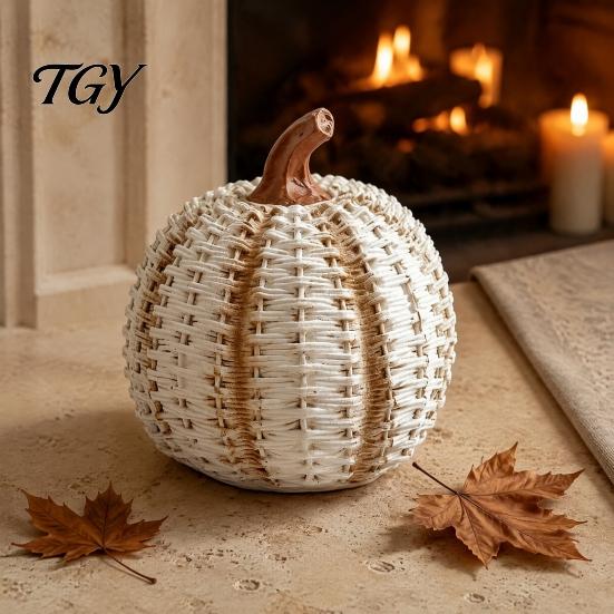 Seasonal Window Display Items Faux Rattan Woven Pumpkin Ornament, Resin Decorative Figurine, Rustic Holiday Theme Layout Supplies Farmhouse