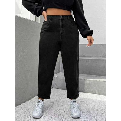 Blugi Casual Elastici Negri Spălați Denim Mărimi Mari pentru Femei