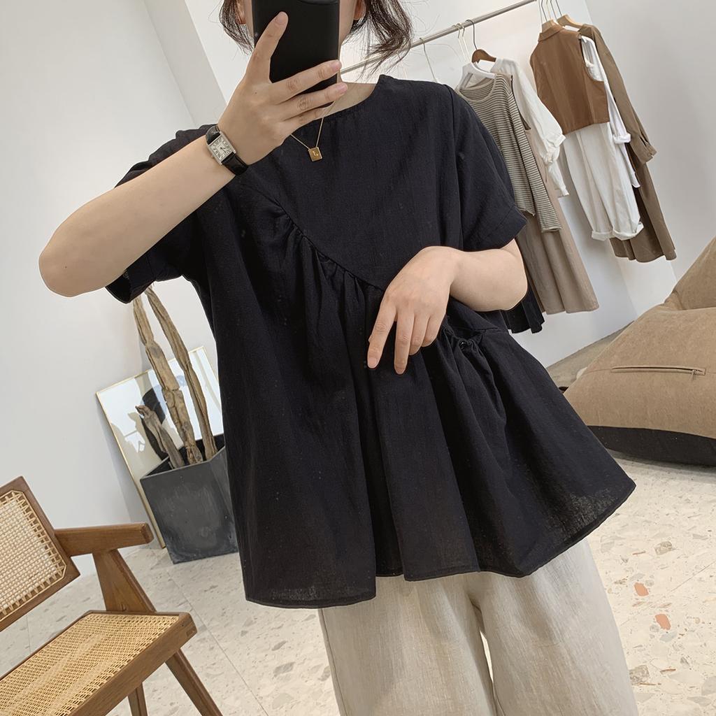 Irregular Cotton and Linen Shirt for Women in Summer Loose Round Neck Short Sleeved Shirt