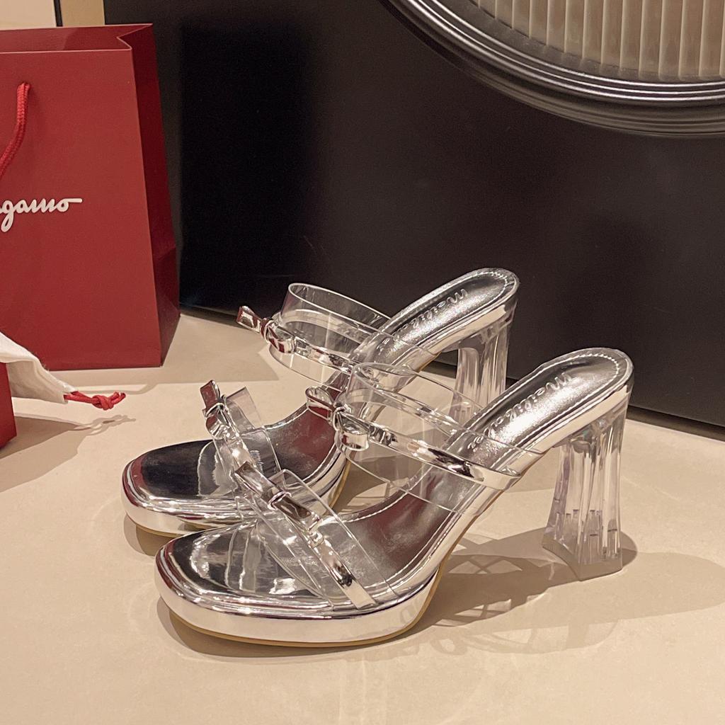 Summer Crystal Transparent and Breathable Two Wear Cool Slippers Women Wear Fashion Temperament Women's Medium Heel High Heels