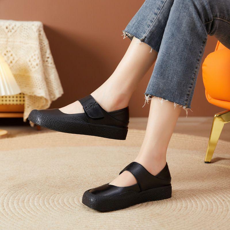 Fashion Square Toe Mary Jane Shoes Woman Strappy Genuine Leather Loafers Women Strappy Flats Ladies Vintage  Mary Janes Mocasines Mujer