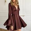 European and American High-quality Satin Party French Horn Sleeve Solid Color Long Sleeve Women's High-end Evening Dress Dress