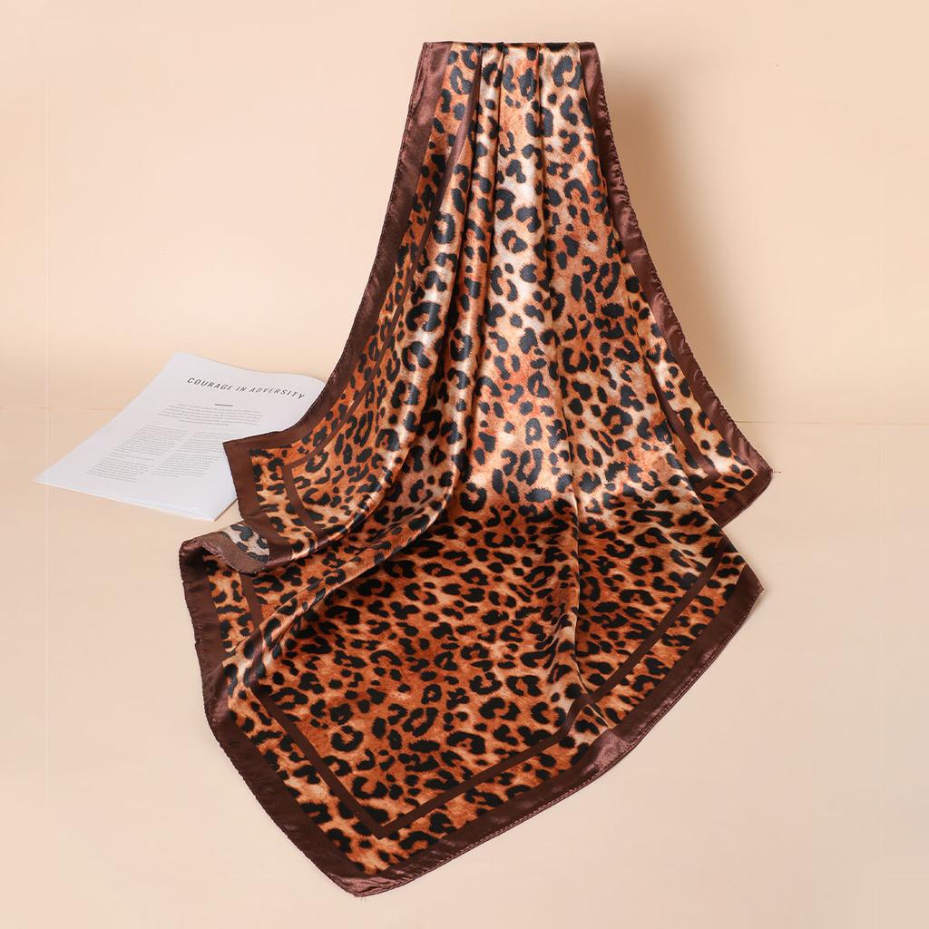 90cm Leopard Print Neckerchief Hijab Scarf For Women Silk Satin Headband Hair Scarves Female Square Shawls Ladies Head Bandana