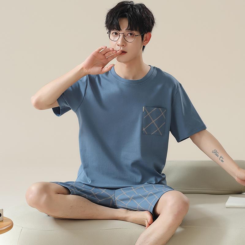 

Новые летние мужские пижамы из искусственного хлопка с короткими рукавами, шорты для дома, пижамы для мальчиков, пижамы для молодых людей, пуловеры, одежда для сна L