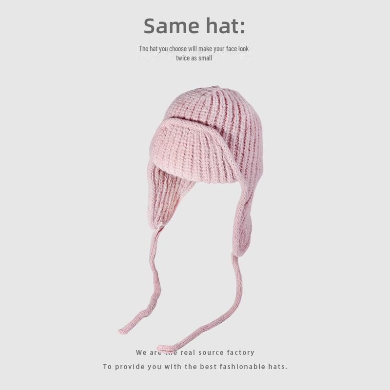 Korean Style Knitted Wool Earmuff Hat: Solid Color, Thickened for Autumn & Winter, with Strap, Unisex.