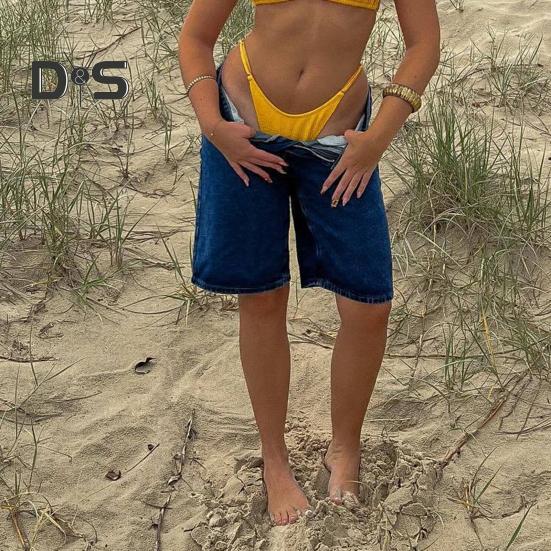 Dámské džínové šortky ke kolenům s kapsami Střední pas Volné džínové bermudy Rovná nohavice Džínové krátké kalhoty