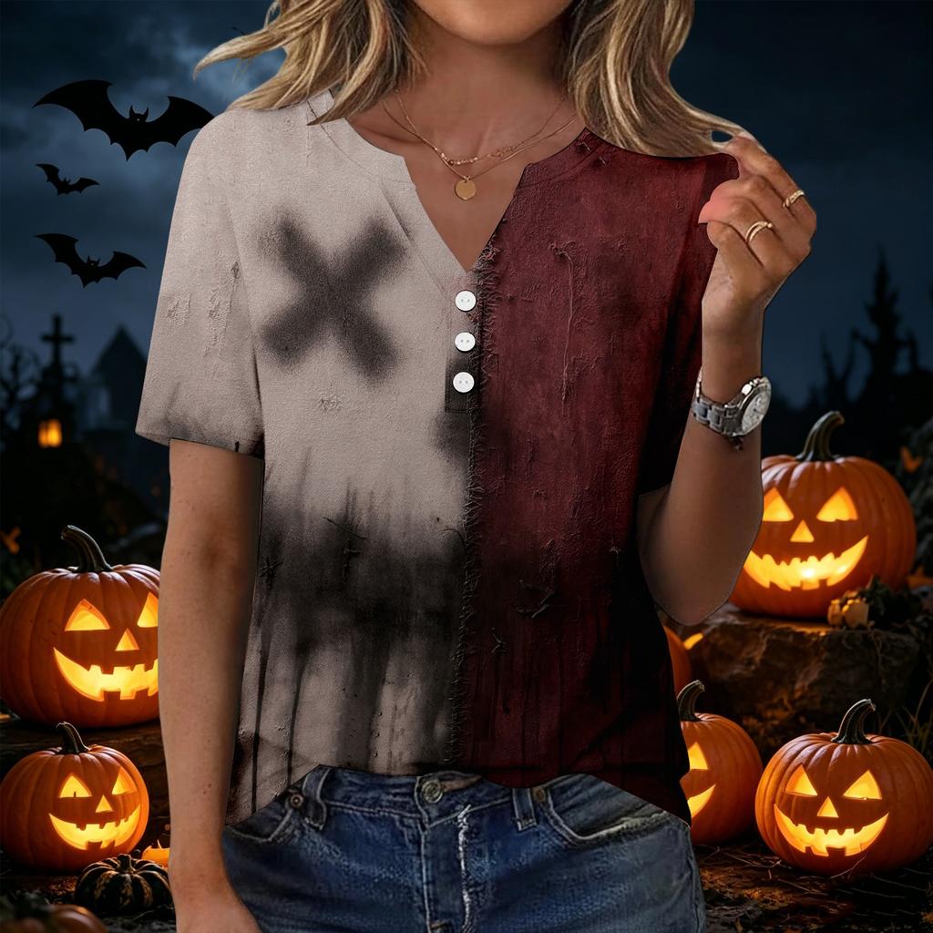 Women's Halloween Print Loose Fit V Neck Short Sleeve Top with Button Detail and Front Pocket Casual Blouse for Seasonal Wear