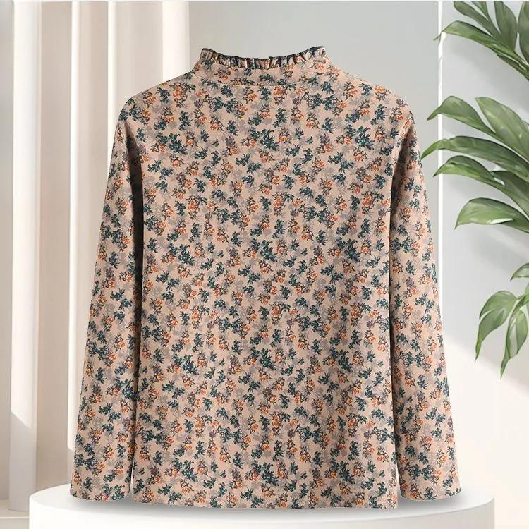 Printed Plus Velvet Bottoming Shirt Top Floral Long-sleeved Women's Stand-up Collar Warm T-shirt