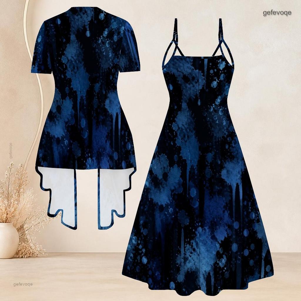 Women Plus Size Two Piece Set Short Sleeve Draped Cardigan Strappy V Neck Flared Printed Dress Dark Blue Gold