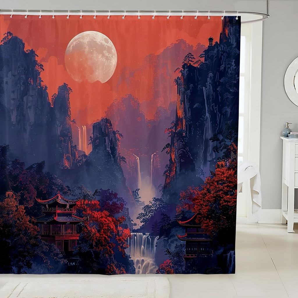 Japanese Samurai Bath Curtain Boys Girls  Landscape Shower Curtain for Kids Women Men Waterproof Sunset Bathroom Shower Curtain