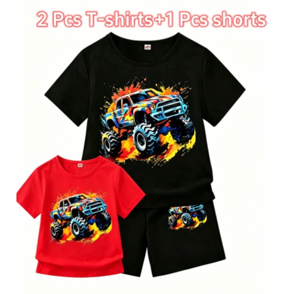 Cartoon Car Print Outdoor Street Kids T-shirt and Shorts Summer Home Casual Outfit Boy and Girl's Sports Set