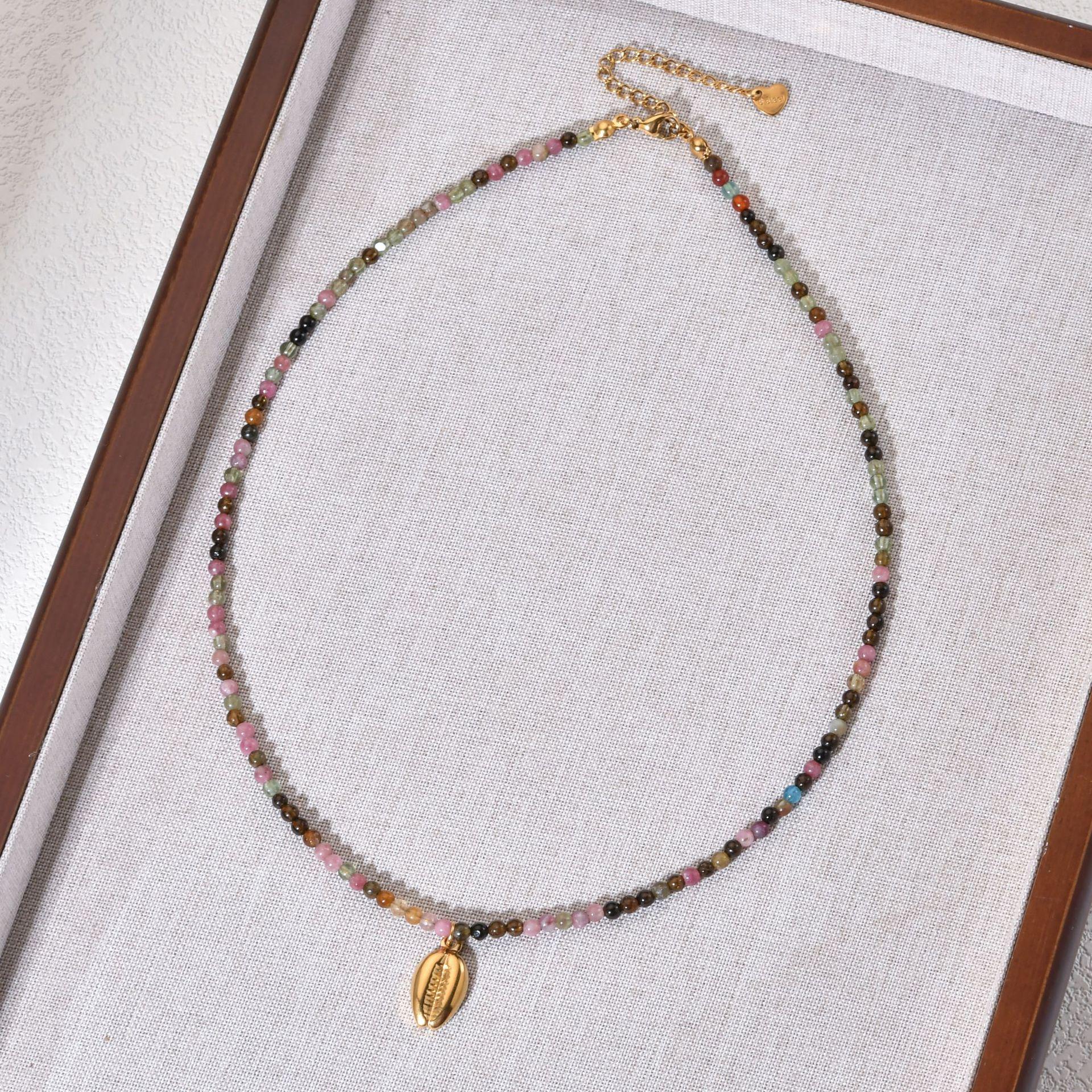 Retro Chinese Style Tourmaline Beaded Necklace with Stainless Steel Pendant for Women