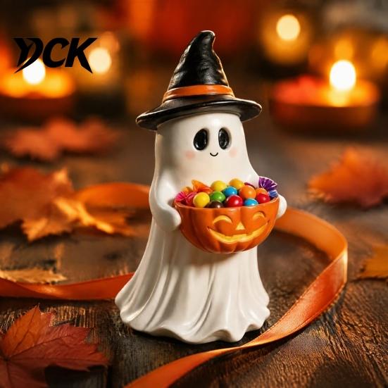 Halloween Table Decorations Resin Ghost Statue with Pumpkin Candy Bowl for Decor, Detailed Tabletop Figures Cute Desktop Organizer Living Room Bedroom