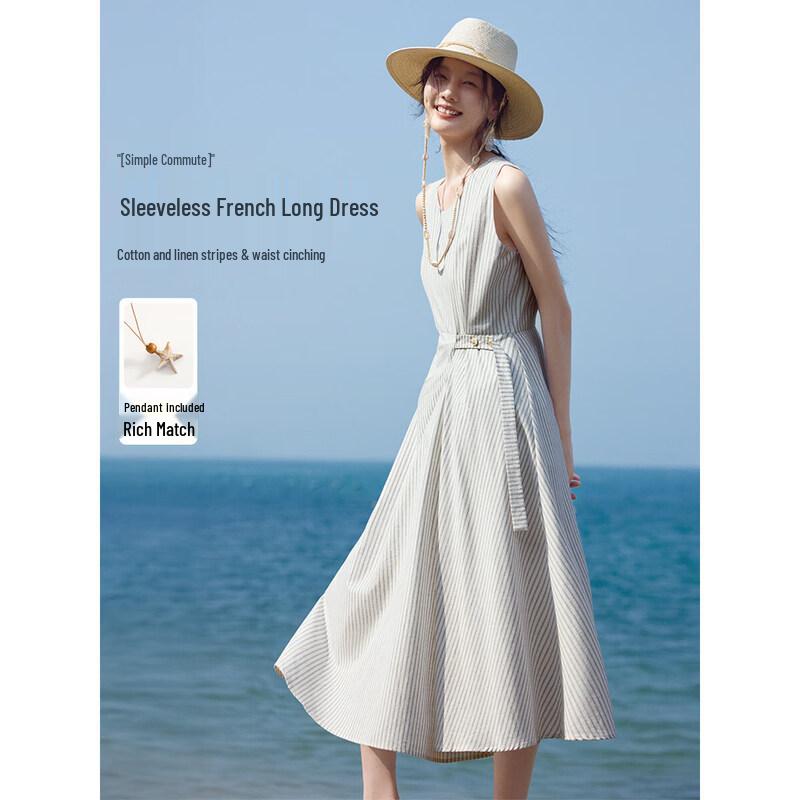 XWI Women s Stripe Linen Blend Sleeveless Midi Dress M