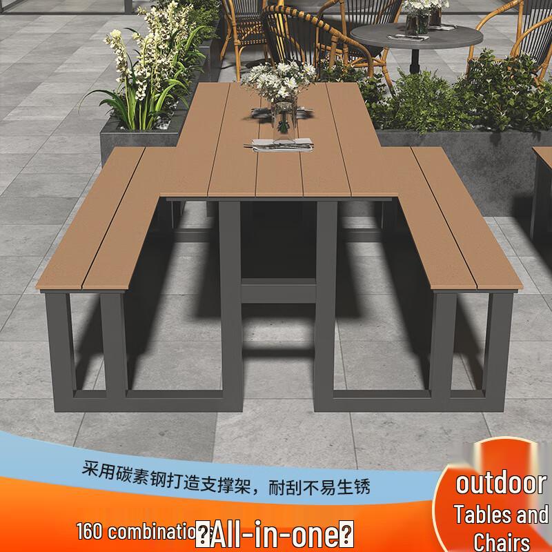 Outdoor Integrated Plastic Wood Table and Bench Set