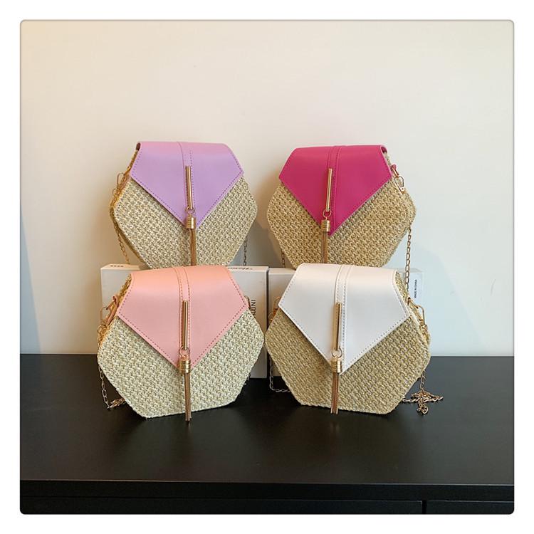 Korean Style Trendy Woven Hexagonal Women's Straw Crossbody Bag with Tassel Chain