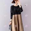 Japanese Autumn/Winter Elegant Color Block Knit A-line Dress with Stand Collar and Long Sleeves