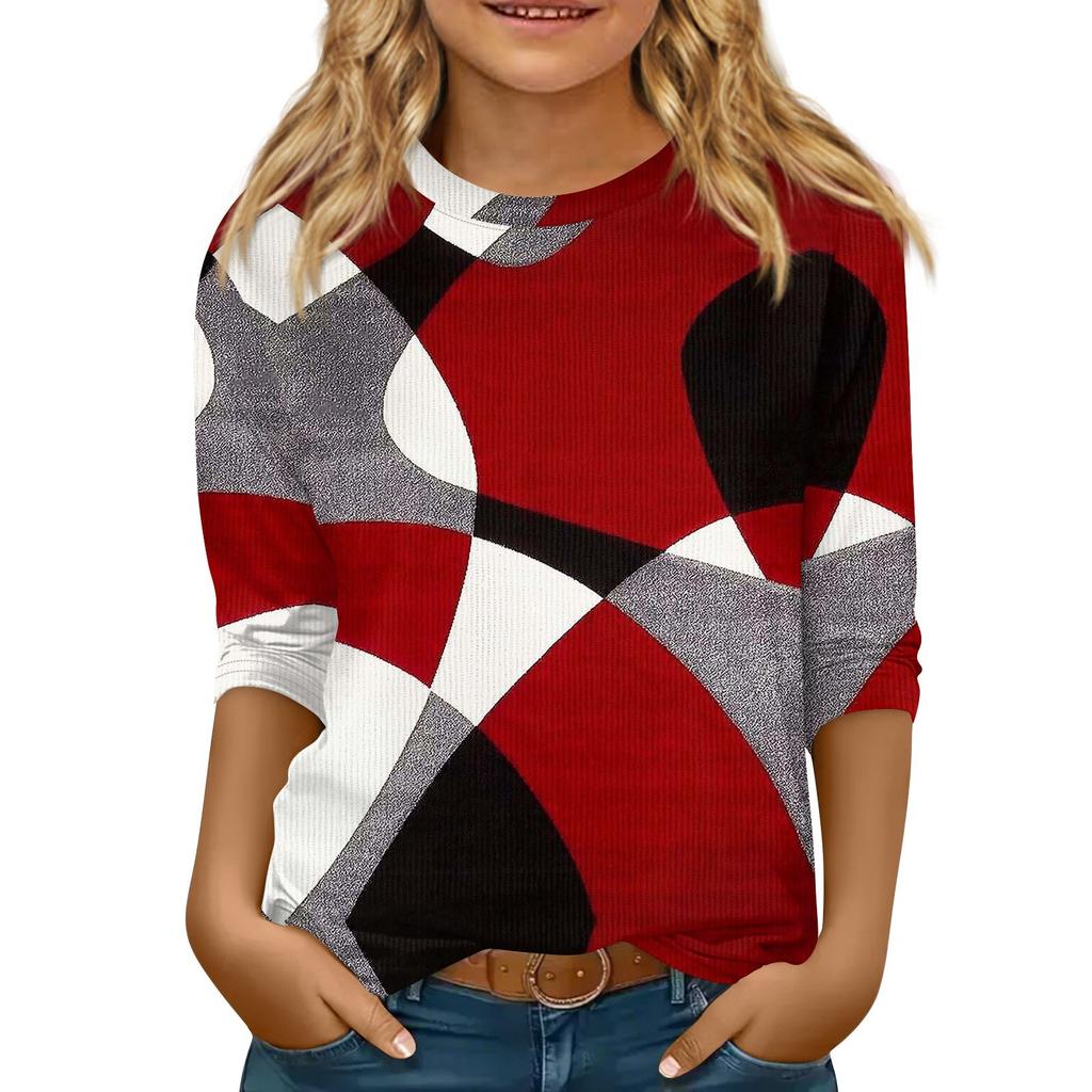 Children's 3/4 Sleeve Tops Knit  Casual  Print T Shirt Round Neck Pullover Blouse