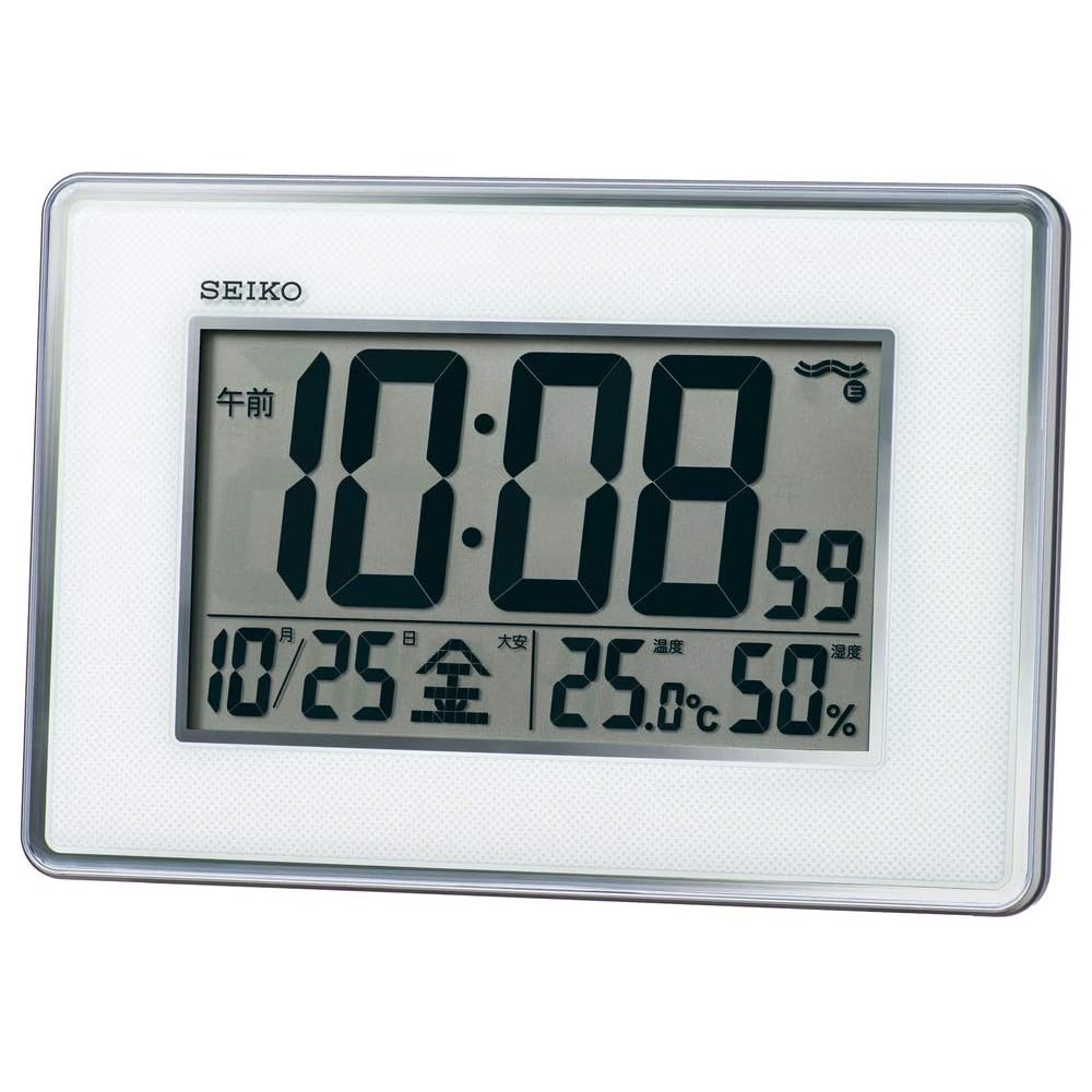 Seiko Clock Wall Clock/Desk Clock, Radio-Controlled Digital, High-Precision, Temperature and Humidity Display, Silver Metallic Finish, Dimensions: 16.