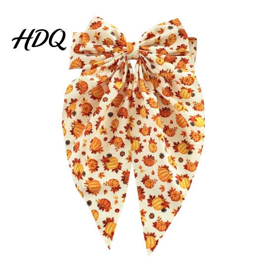 Autumn Hair Accessories with Ribbon Fall Pumpkin Maple Leaf Bows for Women Girls Pinecone Clips Large Bowknot Elegant Retro Pastoral Style