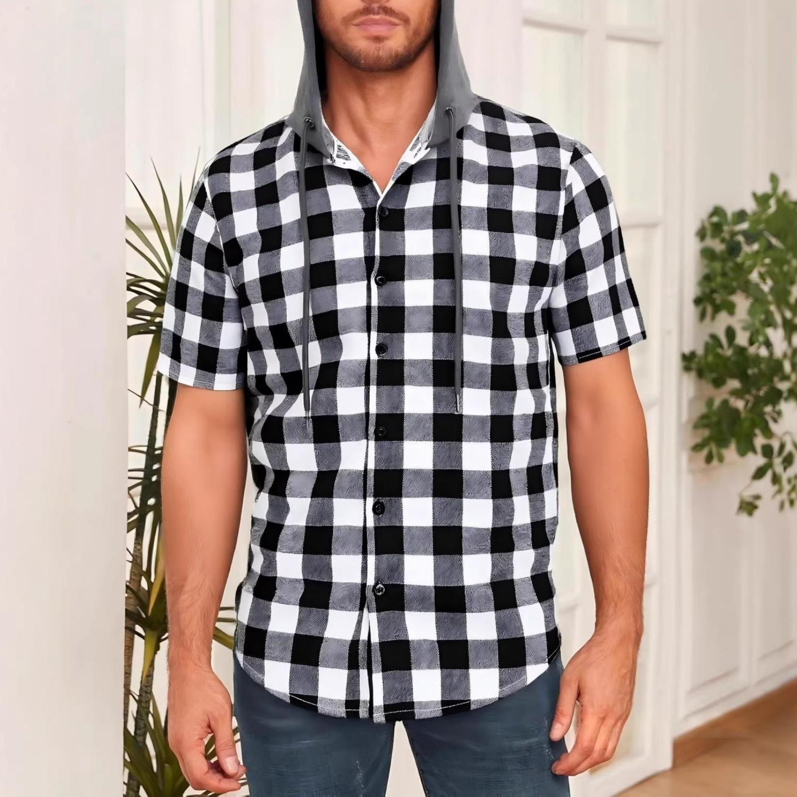 

New Men s Breathable Short Sleeve Plaid Hooded Shirt Cardigan M кавовий