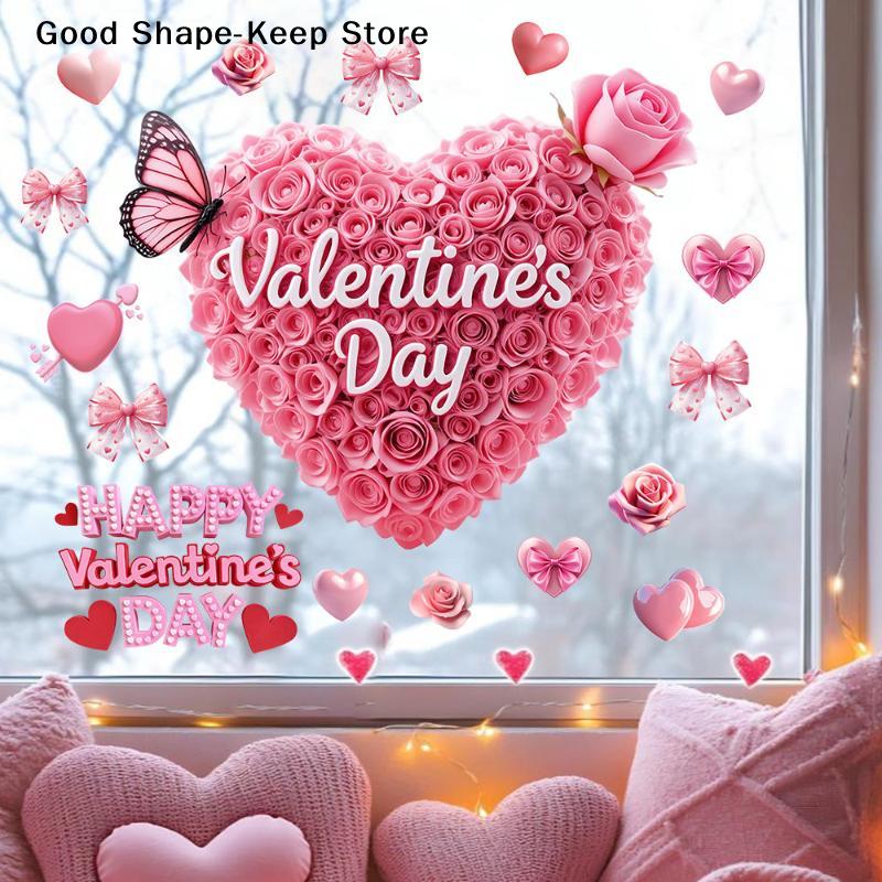 Atmosphere Decoration For Valentine's Day Romantic Red Pink Rose Heart-shaped Window Stickers Festive Party Home Shop Restaurant
