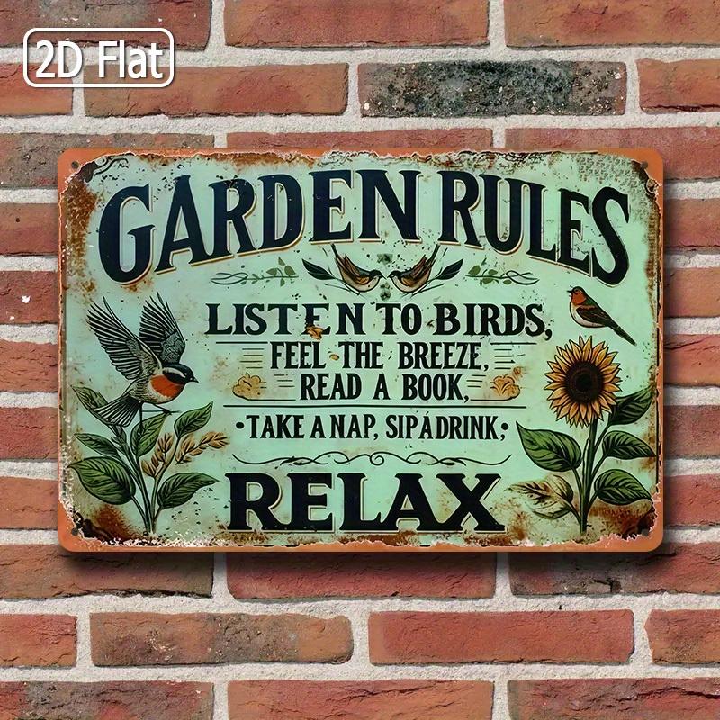 1PC Vintage-Style Garden Rules Tin Sign - Relaxing Quote with Birds, Sunflowers & Butterflies,Durable Metal Wall Art for Outdoor