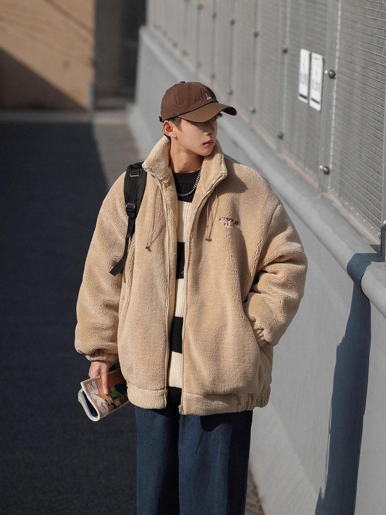 Men's Trendy Fleece Lambswool Stand Collar Jacket - Winter Plus Velvet, Thick Loose Fit, Casual Warm CottonOuterwear