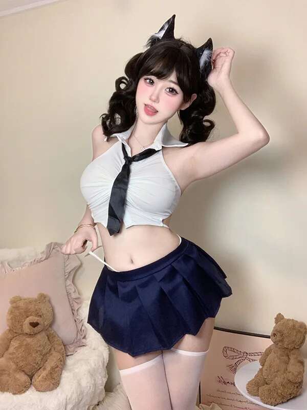 Sexy Pure Desire Short Top Pleated Academy Two Piece Skirt Set Sexy Pure Desire Uniform Fashion Sweet Women Skirts New K54M