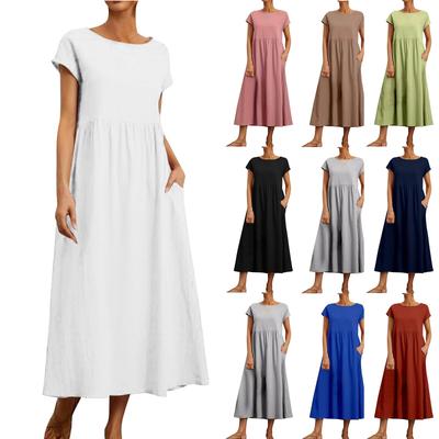 O-Neck Dress For Women Casual Comfy Cotton Linen Short Sleeve Tunic Beach Dresses With Pockets