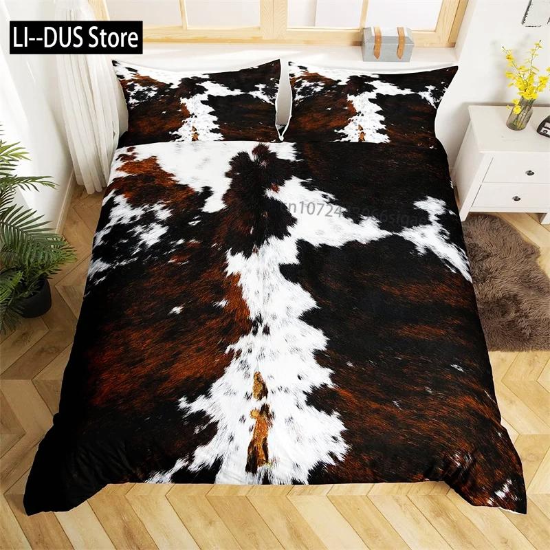 Cowhide Print Duvet Cover Queen Microfiber Western Farmhouse Animal Skin Fur Bedding Set 3pcs for Kids Teen Cow Quilt Cover
