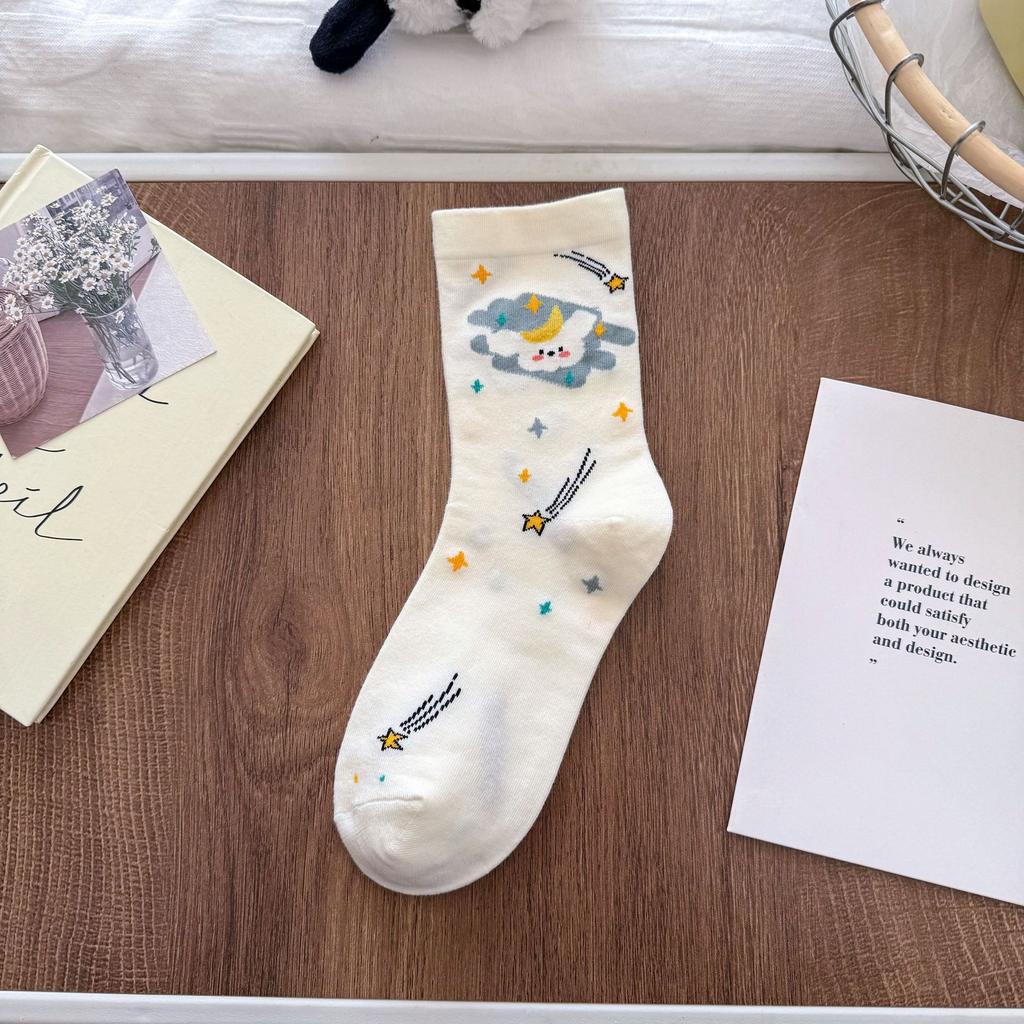 Cute Socks Mid-Leg Socks Pure Cotton Spring And Autumn Cartoon Student Puppy Summer Thin White Stockings