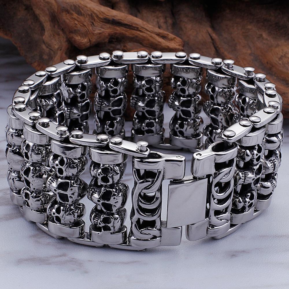 Gothic Herren Schädel Armband für Männer Massiv 316L Edelstahl 35MM Breite Punk Kette Armband Handschmuck Skelett Accessoires