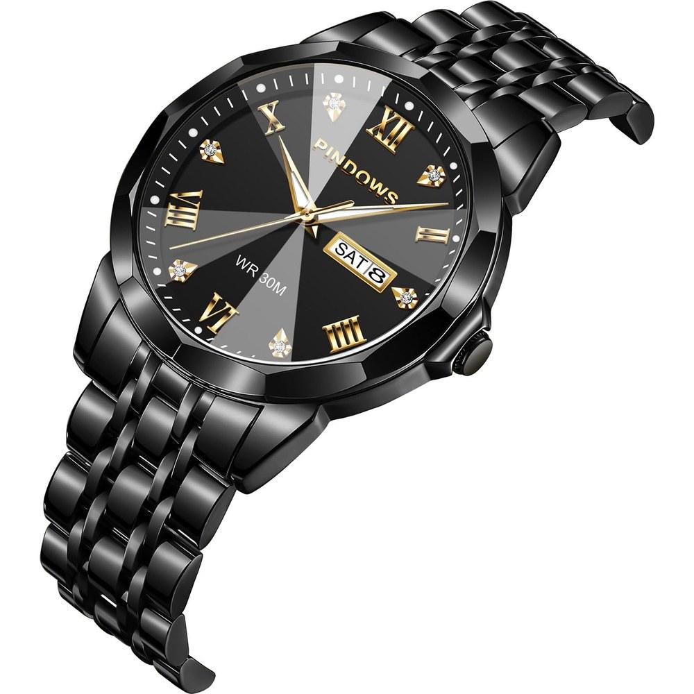 PINDOWS Men's Analog Quartz Watch with Day Date Display Stainless Steel Band Daily Life Water Resistance