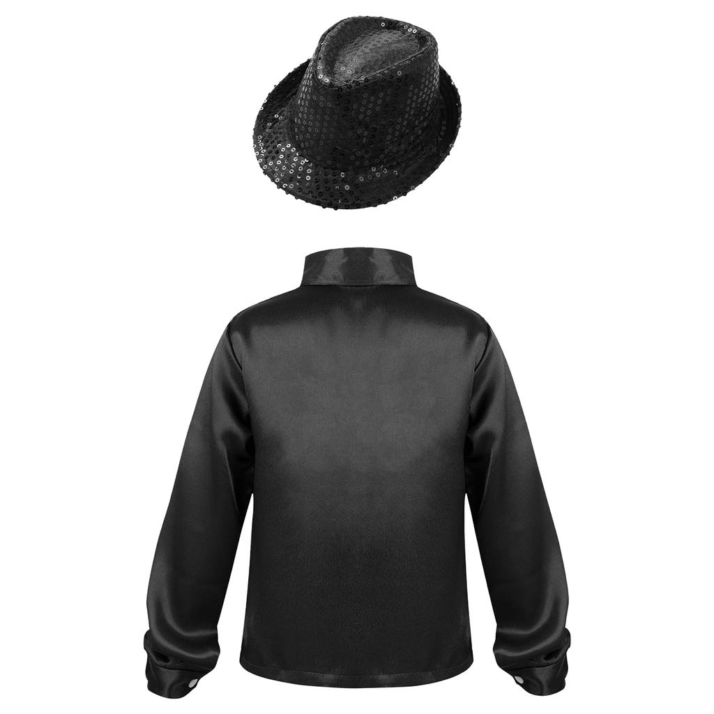 Pojkars glänsande paljettlångärmad skjorta med slagkrage, jazzdansshow, fedorahatt