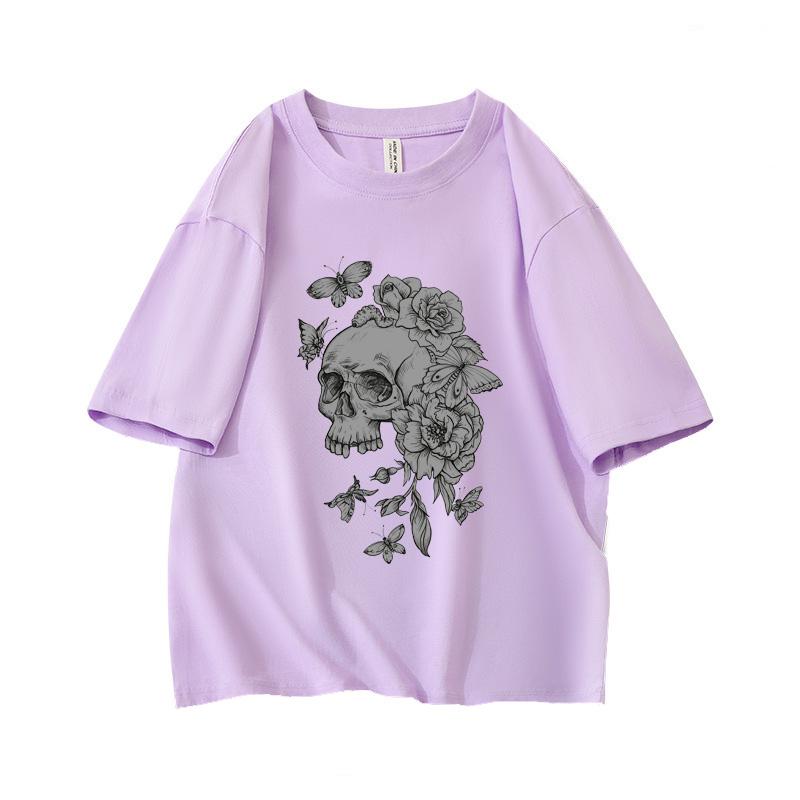 Gothic Floral Skull Aesthetic Oversized Short Sleeve O Neck T Shirt Graphic Print 100 Cotton Vintage Women Tops clothes Summer