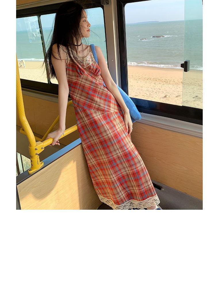 Lined French Lace Plaid One-Shoulder Camisole Dress with Cinched Waist for Women